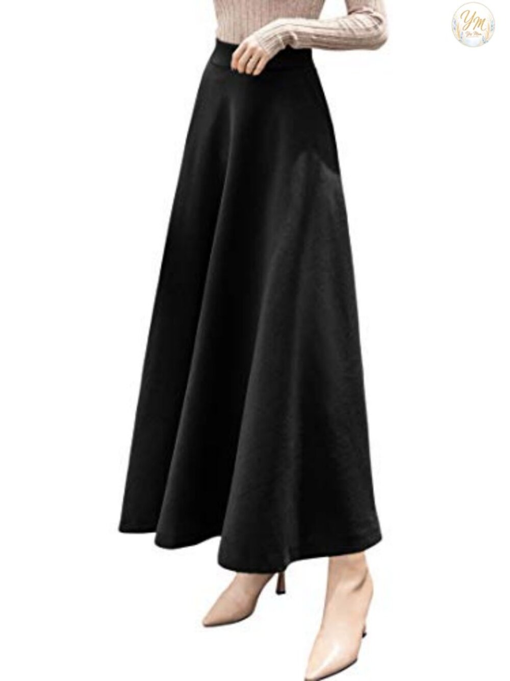 Wool Blend A-Line Pleated Maxi Skater Skirt High Rise Flowy